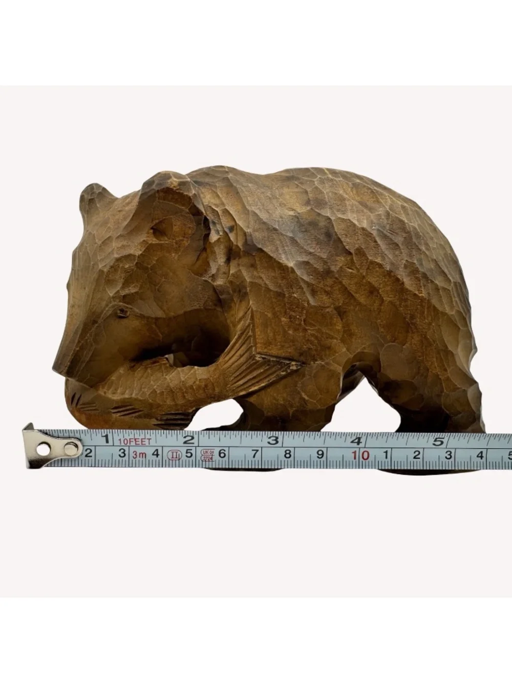 Vintage Japanese Ainu Bear Salmon Figure Hand Carved Wood Hokkaido Folk Art Kuma